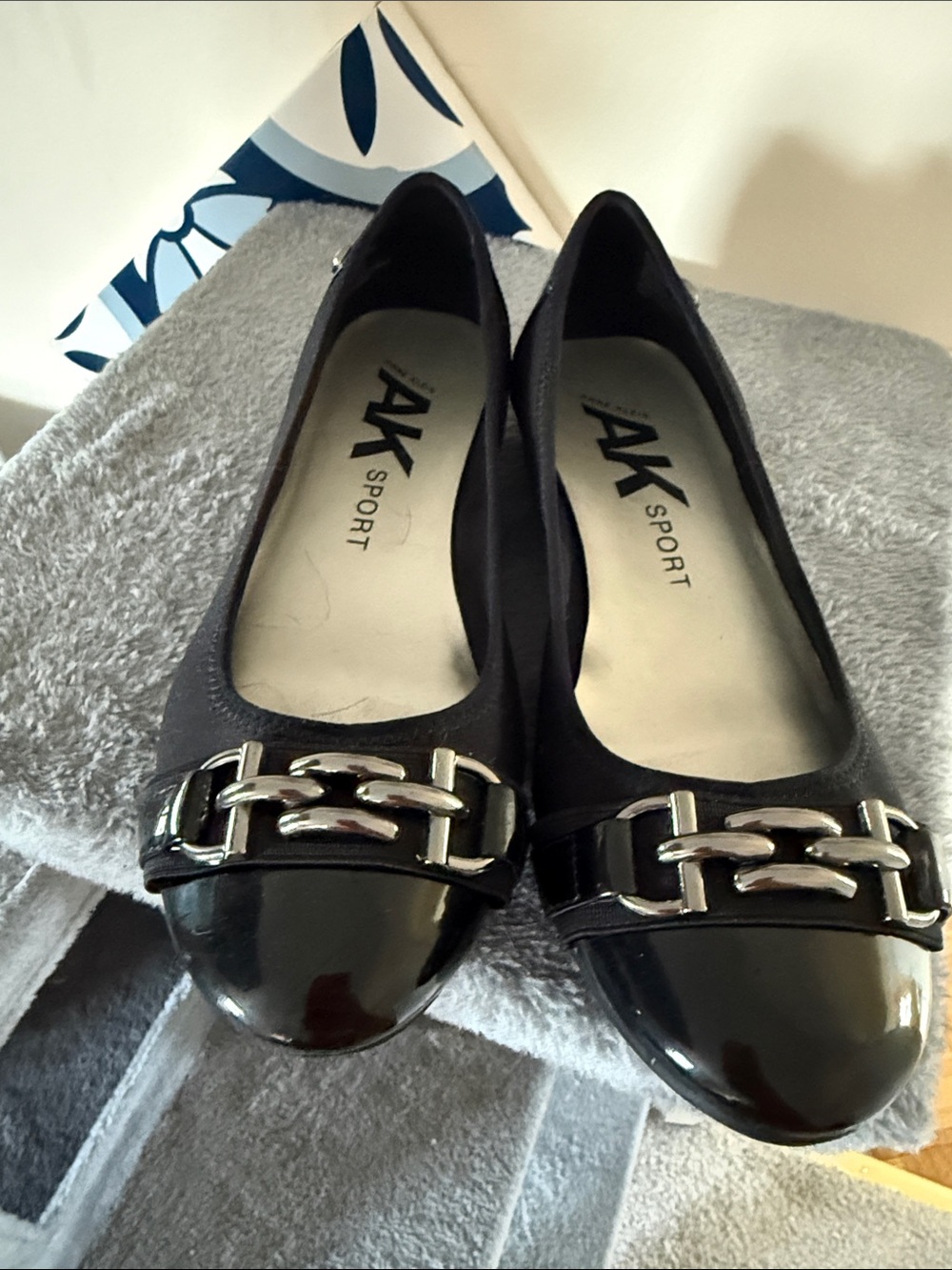Anne Klein Sport Black Chain-Trim Ballet Flats